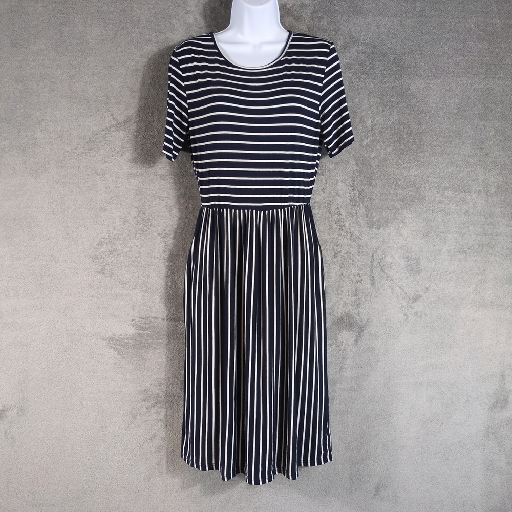 MEROKEETY Womens Navy Blue White Striped Short Sleeve Midi Dress Pockets M